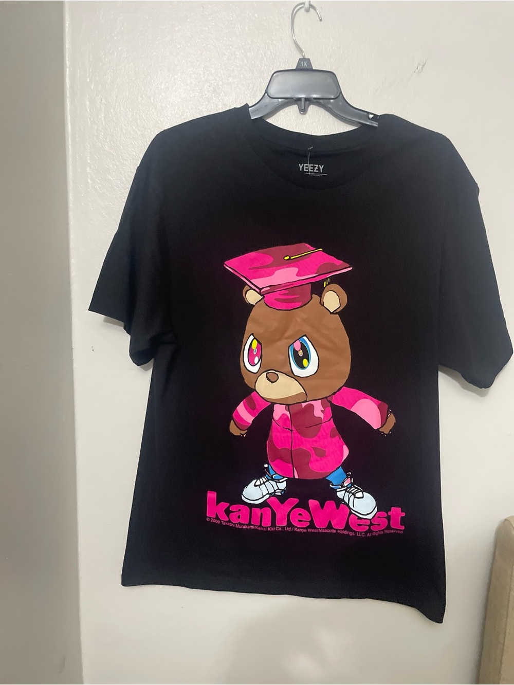 Yeezy Black Tee with Pink Camo Bear Graphic Murakami size L